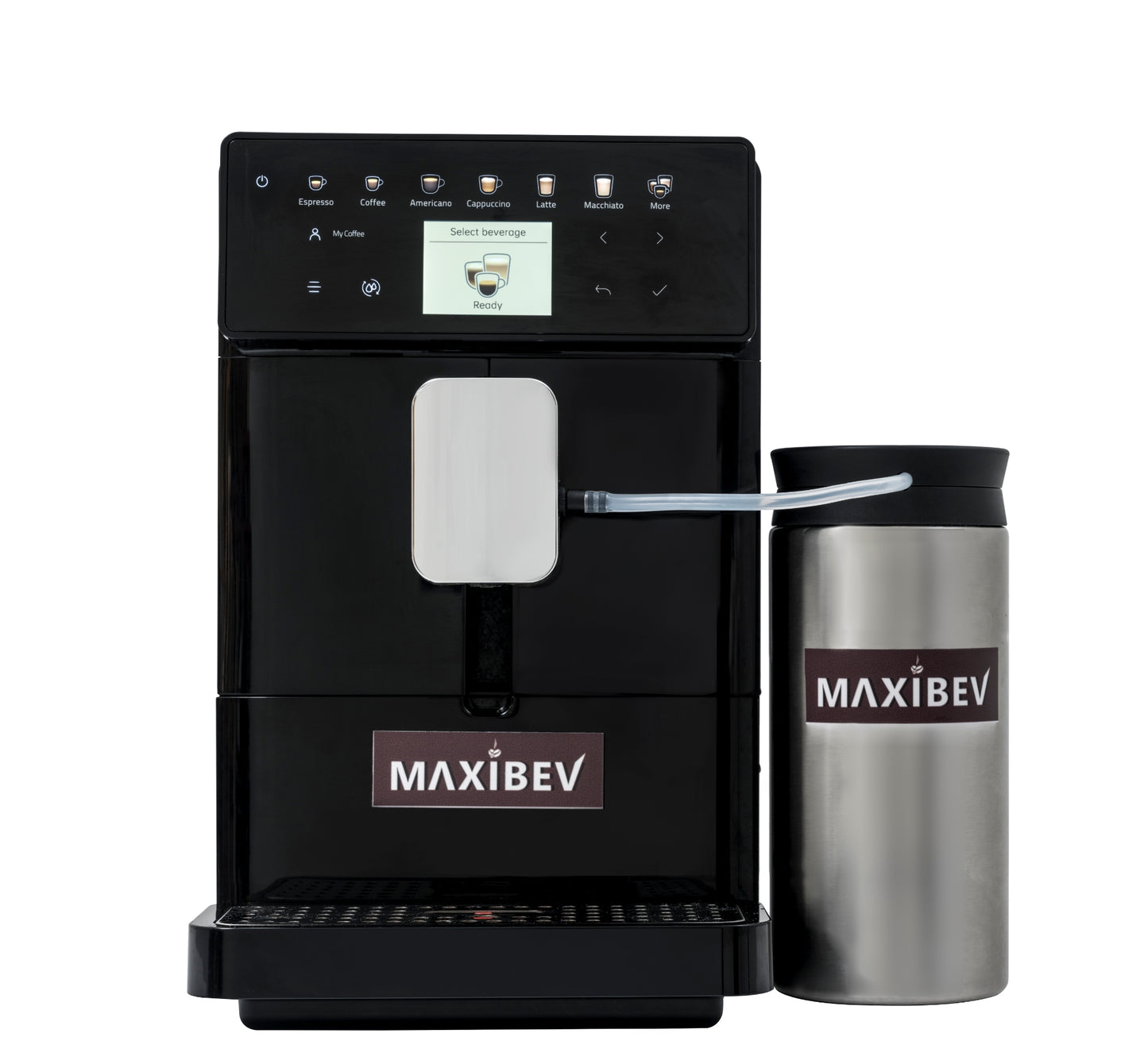 A black MAXIBEV BTC-10 coffee machine with a bean hopper and a milk frother, displayed against a white background.