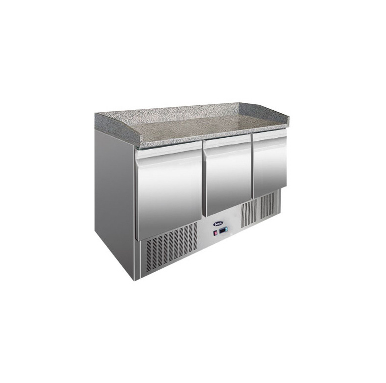 A commercial-grade ATOSA ESL3852GR granite top pizza preparation counter with three doors, stainless steel exterior, and visible fan grills.