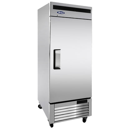 A single door bottom mount refrigerator with stainless steel finish, featuring a digital controller and castors for mobility.