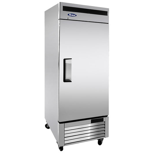 A single door bottom mount refrigerator with stainless steel finish, featuring a digital controller and castors for mobility.
