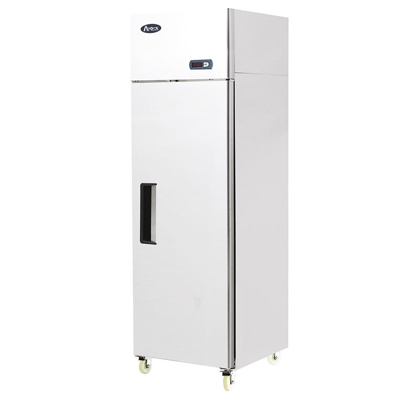 White upright fridge with a single door, digital controller on top, and castors at the base.