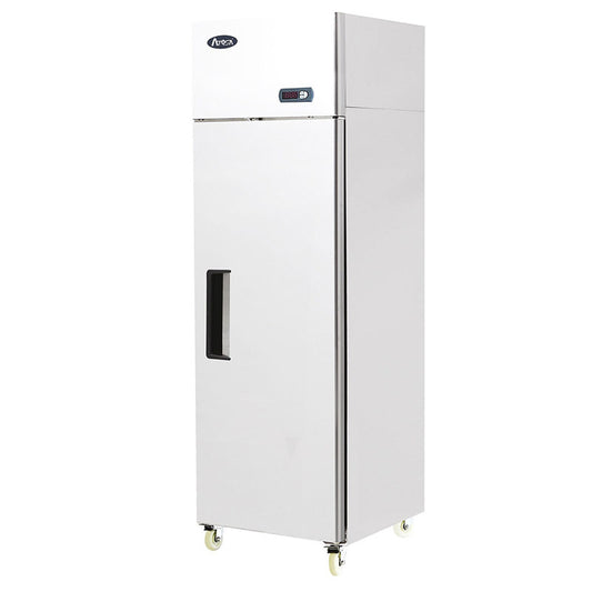 White upright fridge with a single door, digital controller on top, and castors at the base.