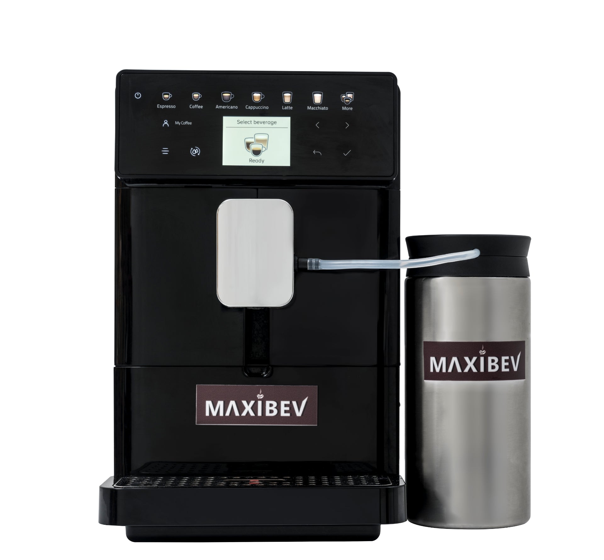A black MAXIBEV BTC-10 coffee machine with a bean hopper and a milk frother, displayed against a white background.