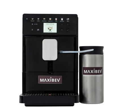 A black MAXIBEV BTC-10 coffee machine with a bean hopper and a milk frother, displayed against a white background.