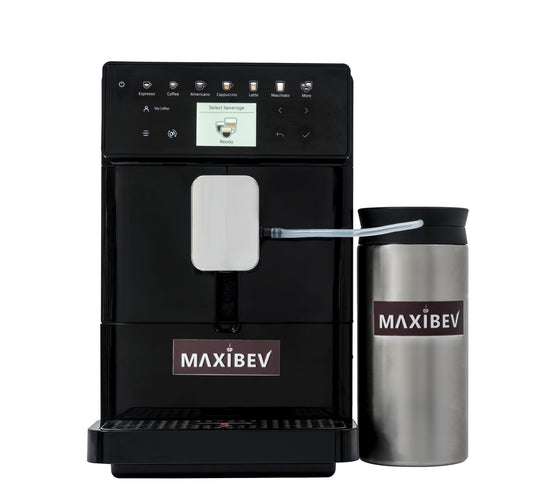 A black MAXIBEV BTC-10 coffee machine with a bean hopper and a milk frother, displayed against a white background.