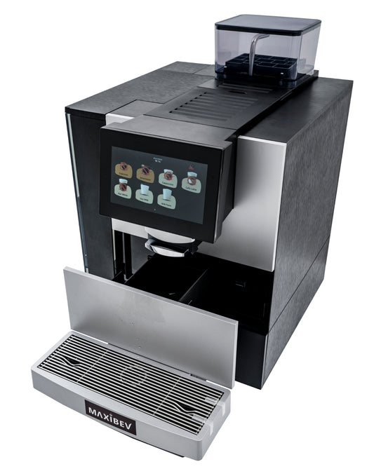 A black and silver coffee machine with a digital display, bean hopper, water tank, and a drip tray.