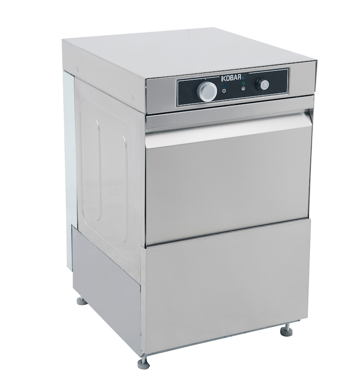 A KOBAR K400E glasswasher, which is a commercial dishwasher, primarily stainless steel in color with a control panel on the top front and mounted on legs.