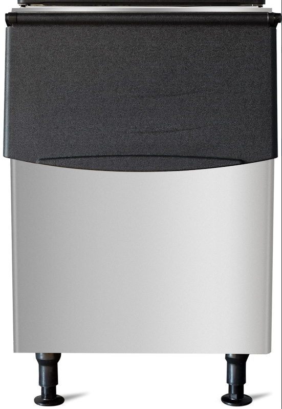 An ice bin with a gray upper section and a silver lower section, equipped with wheels.