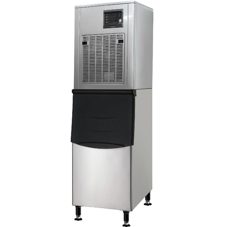 Commercial ice maker machine, with a silver finish and black front bin.