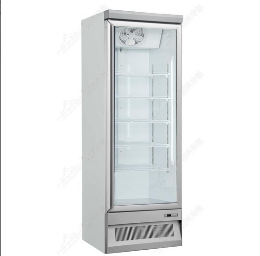 A single glass door display freezer with multiple shelves, featuring a stainless steel finish and a bottom-mounted condenser.