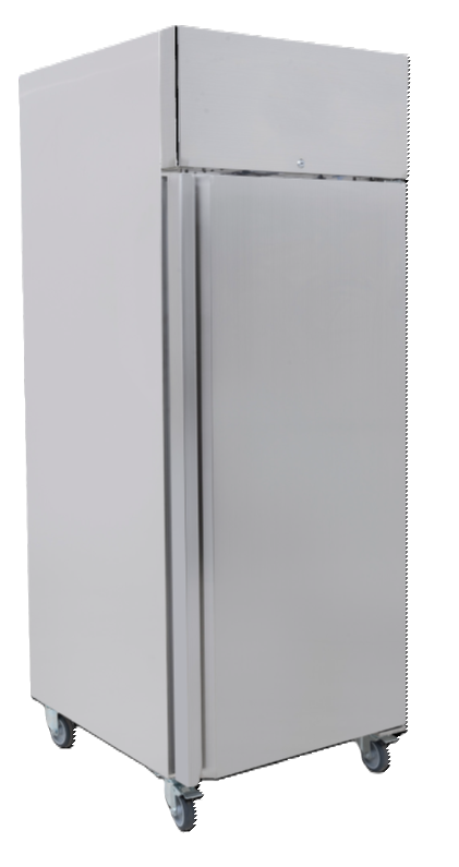 A single door upright commercial fridge with castors, digital control, and a stainless steel exterior.