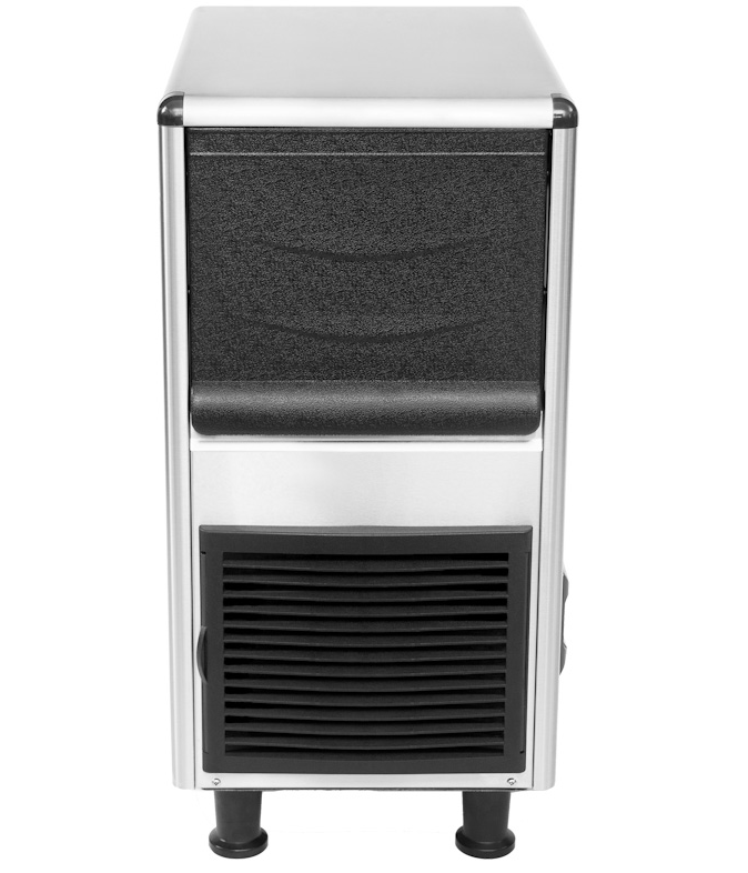 Commercial ice maker machine, silver color, with a black control panel at the front.