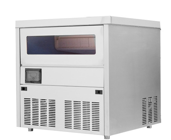 Commercial grade UNIFROST UB60-30 bullet ice machine with a white exterior, digital control panel, and a viewing window on the top front.